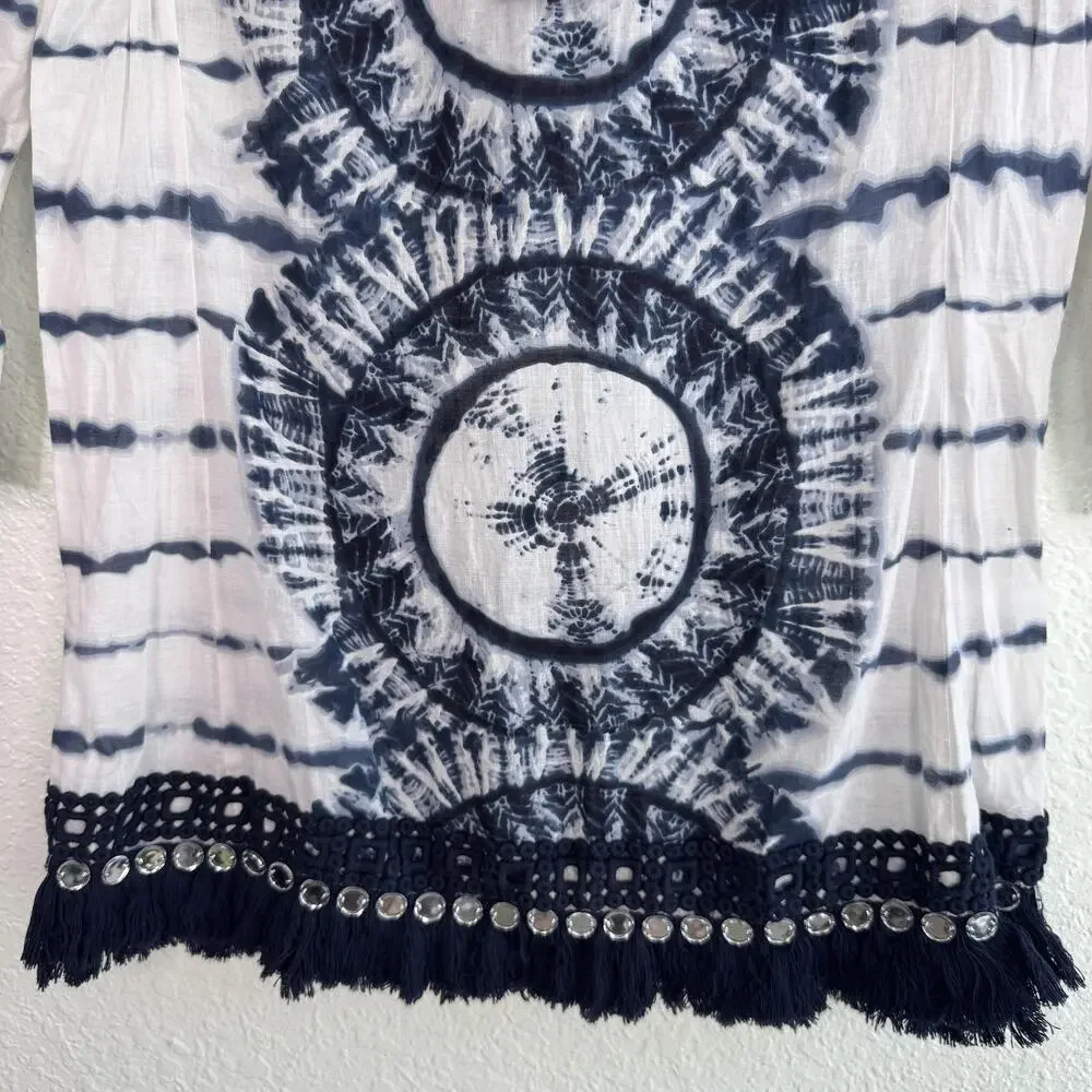 Tory Burch Tunic Womens 6 Tie Dye Mirror Embellished Boho Festival Top Beachy